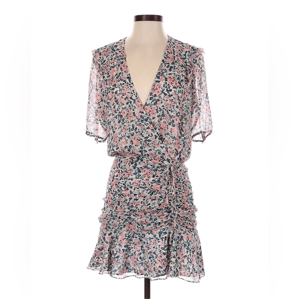 $550 VERONICA BEARD Dakota Gathered Floral Short Sleeve Silk Midi Dress - US 8